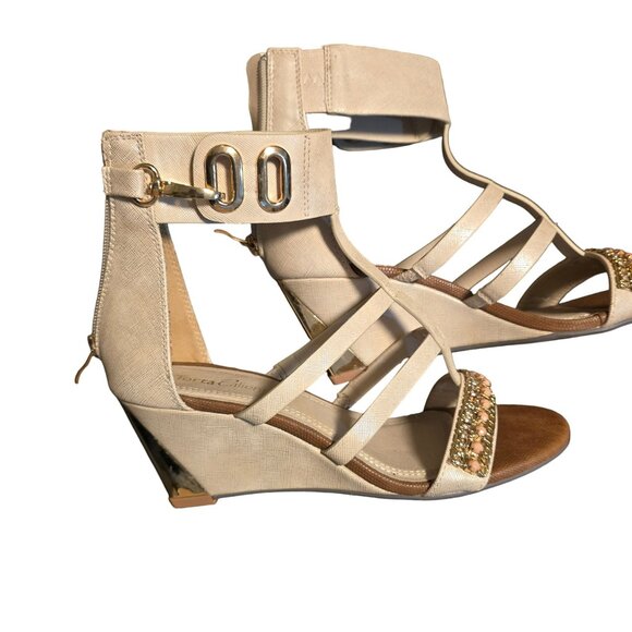 Torta Caliente Womens Strappy Beige Wedge Sandals Size 6.5M With Gold Embellishm - Picture 7 of 8